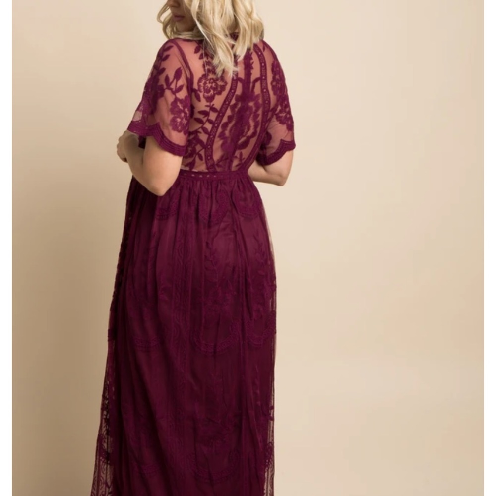 Burgundy lace mesh overlay maternity maxi dress